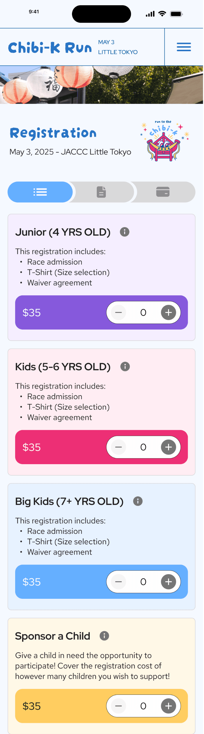 Chibi-K mobile race selection, with age groups, registration prices, quantities, and an option to sponsor a child.