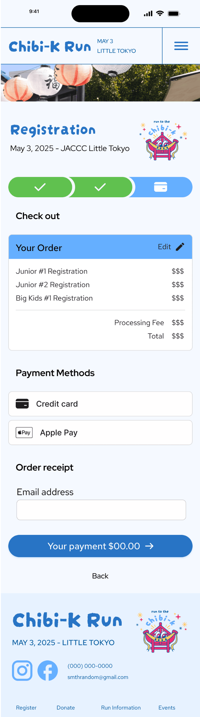 Chibi-K mobile checkout, showing the order summary, payment methods, and email receipt.