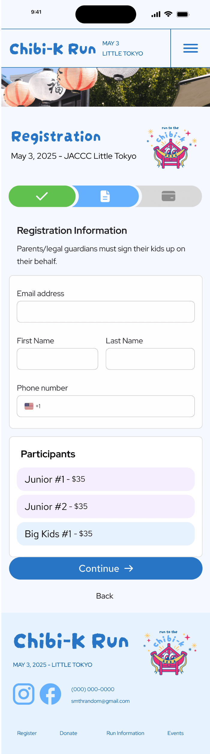Chibi-K mobile registration information, collecting guardian contact details and listing participants.