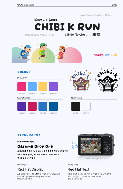 Chibi-K visual guidelines: playful carp streamers, cheerful race-day colors, and an inviting Little Tokyo illustration.