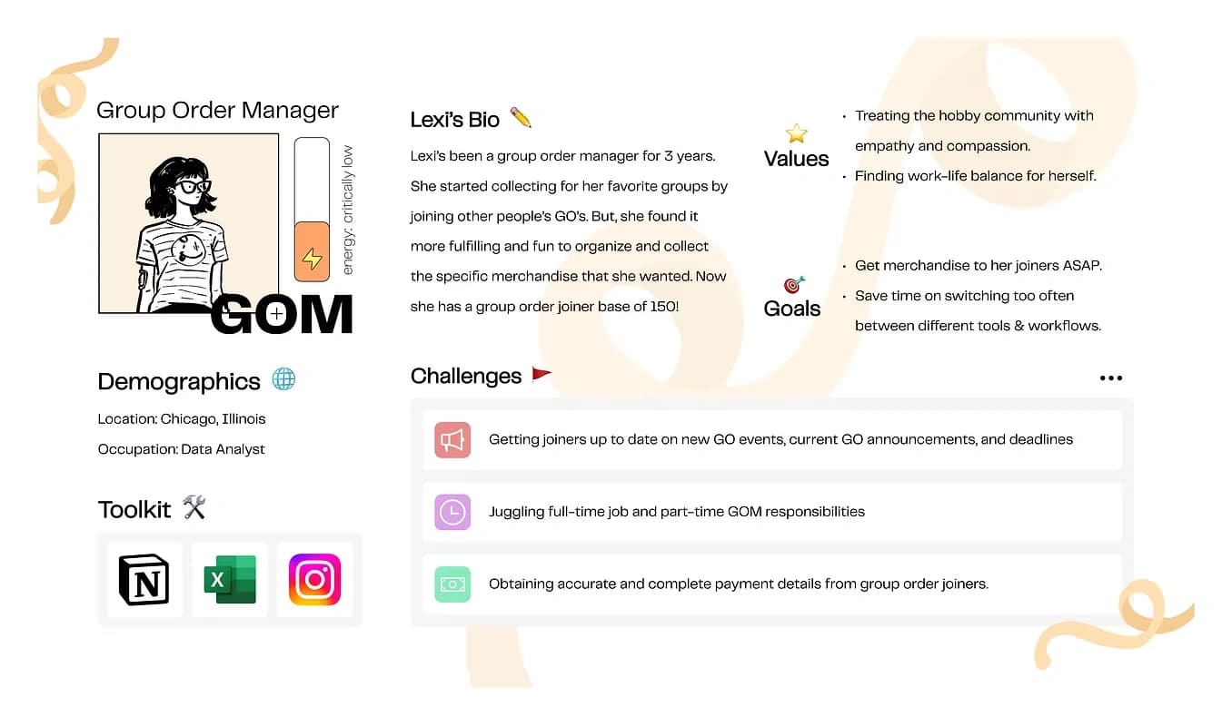 Lexi, a group order manager: biography, values, goals, tools, and challenges.