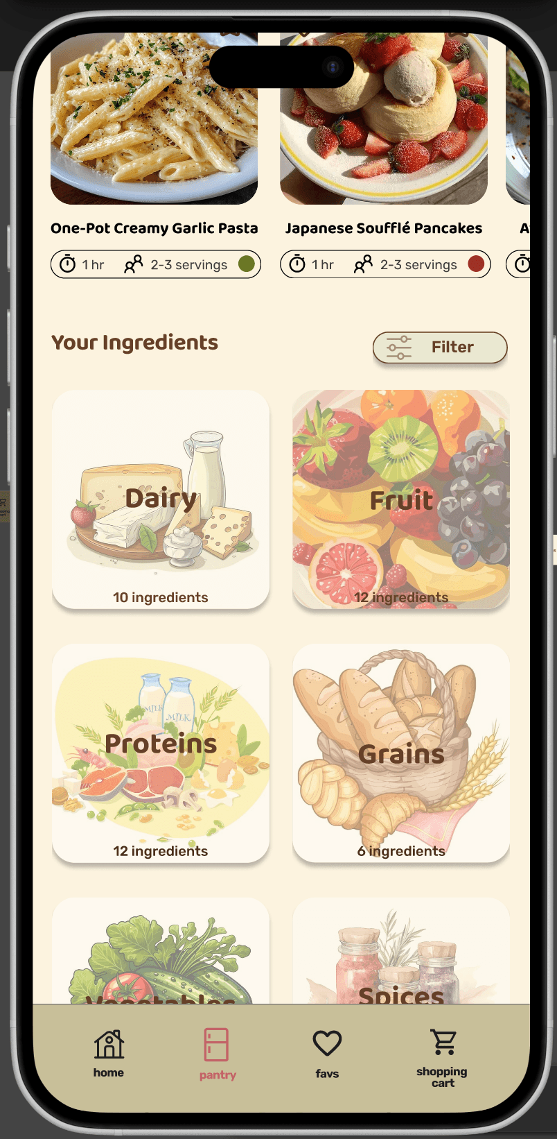 Ingredient categories in the Simmer pantry, including dairy, fruit, proteins, and grains.