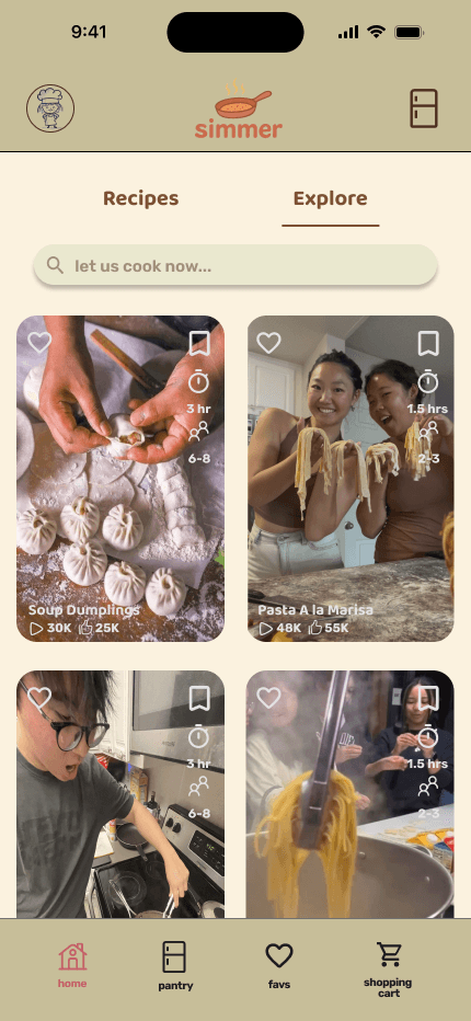 Simmer discovery feed with recipe photos, cooking videos, and food inspiration.