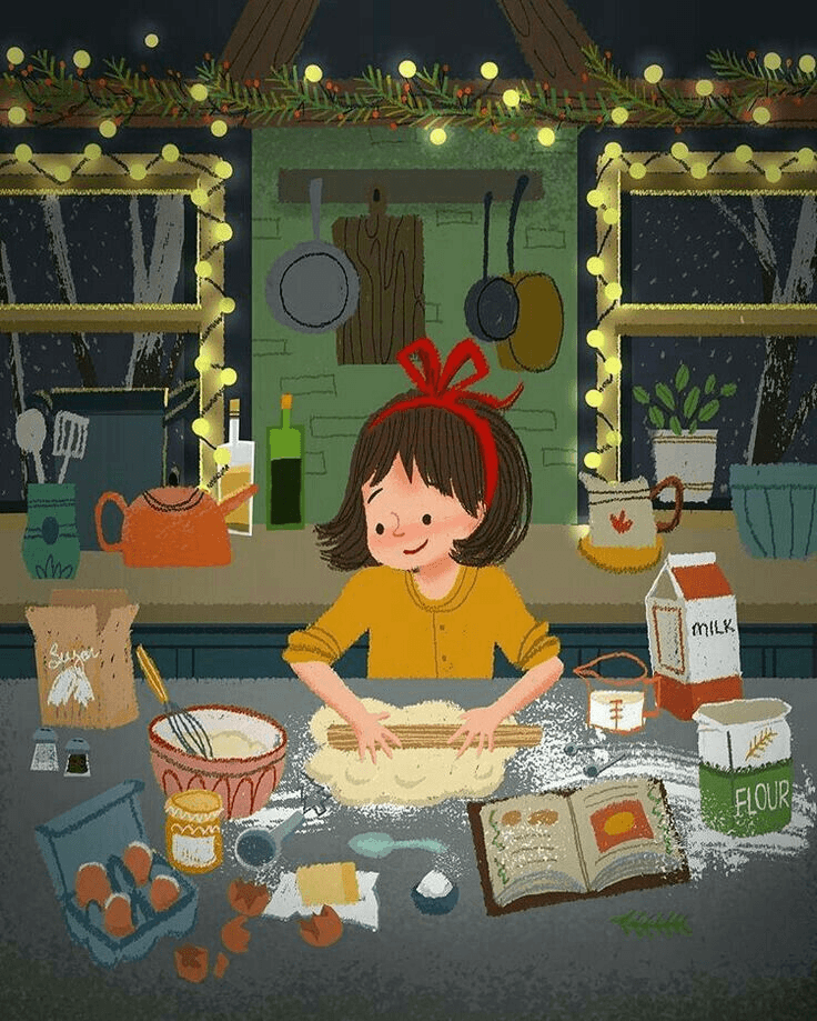 Visual inspiration: an illustrated girl kneading dough in a kitchen with warm string lights.