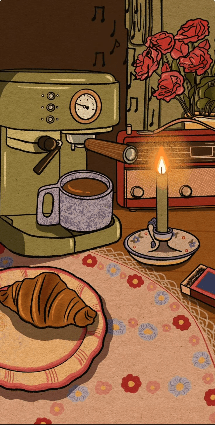 Visual inspiration: a vintage coffee maker, croissant, and candle in a cozy illustrated scene.