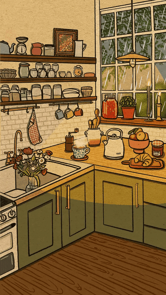 Visual inspiration: a warm yellow kitchen filled with cups, cookware, and plants.
