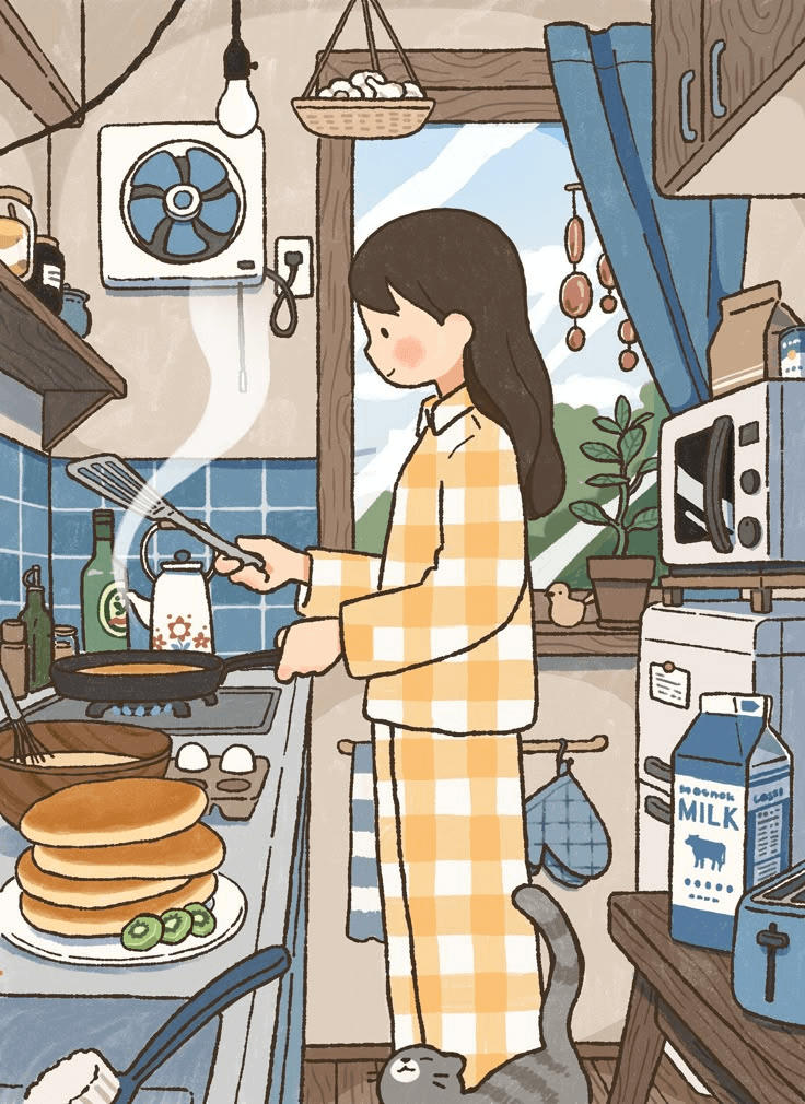 Visual inspiration: an illustration of someone cooking pancakes in a cozy kitchen.