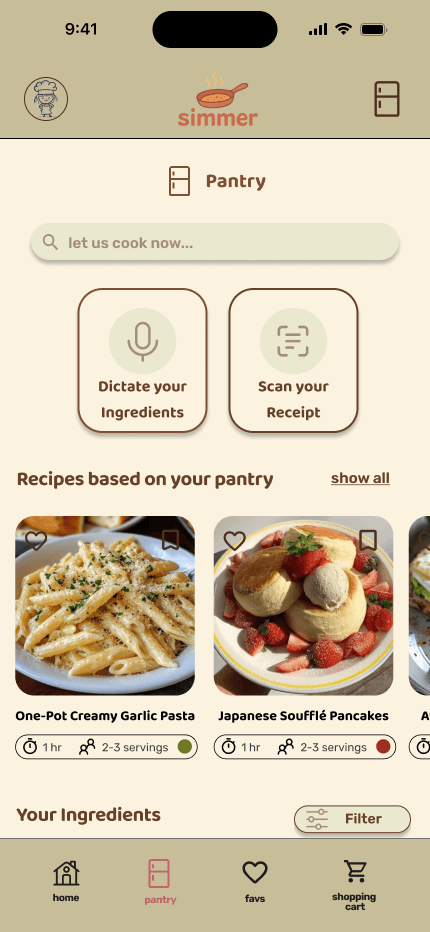 Simmer pantry home, with ingredient dictation, receipt scanning, and recipe recommendations.