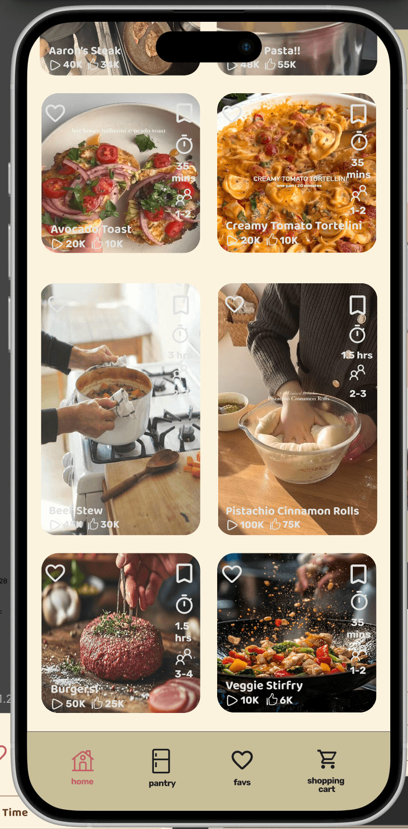More recipe cards in Simmer’s discovery feed, showing preparation times and serving sizes.