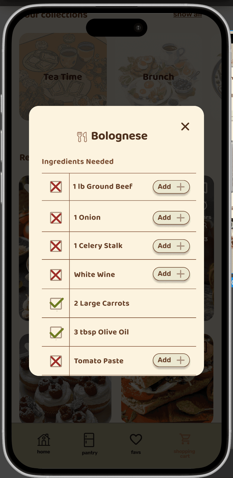 Adding missing recipe ingredients to the Simmer shopping list.