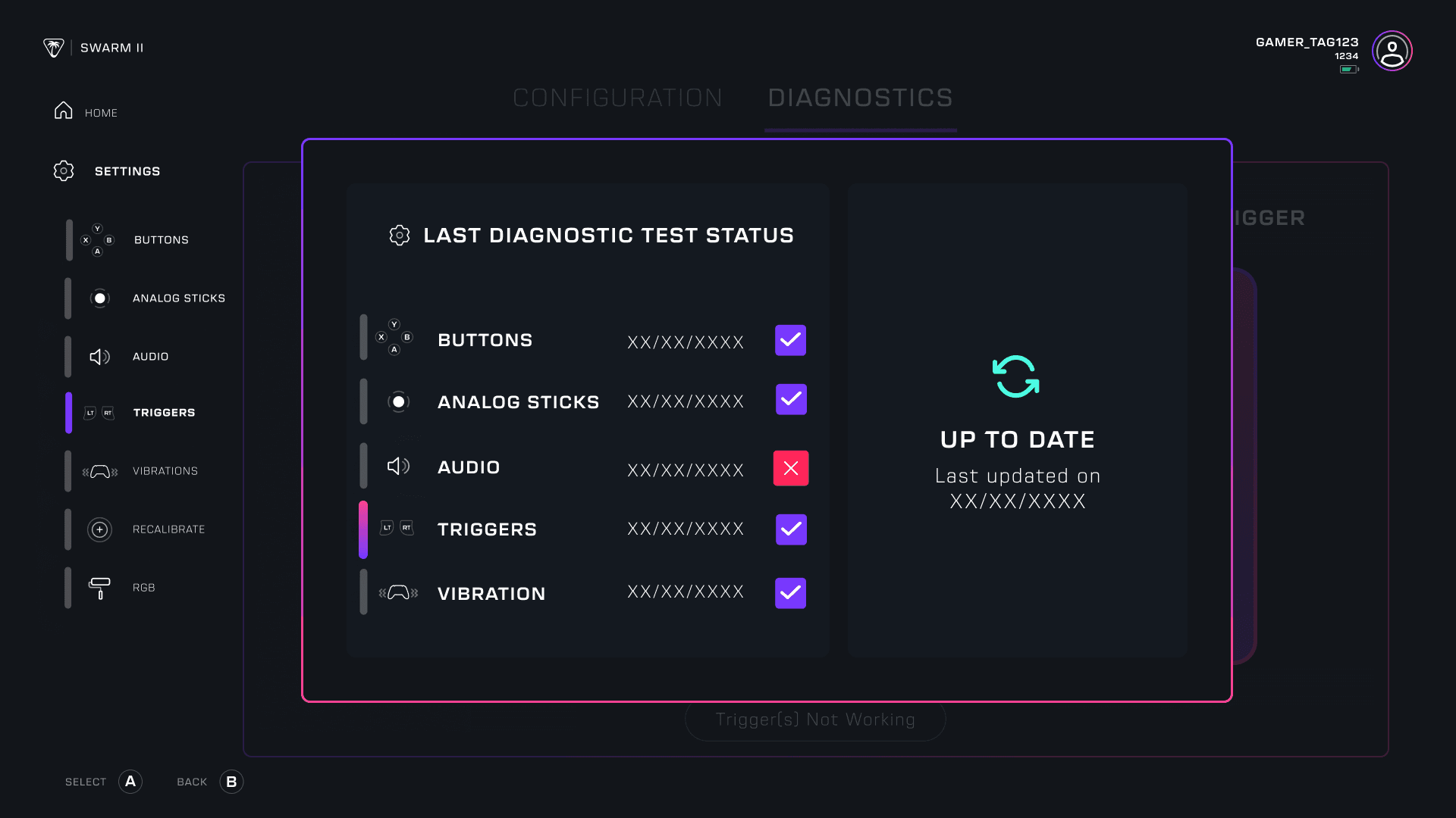 Swarm II diagnostic results showing controller checks and device update status.