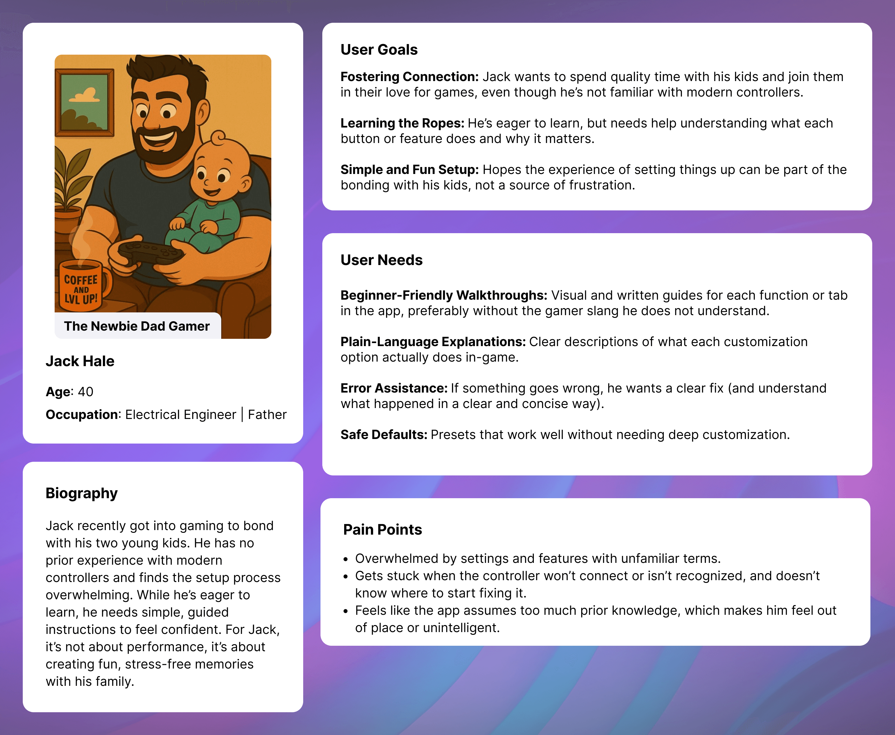 User persona: Jack Hale, newbie dad gamer. Goals, needs, and pain points for controller customization.