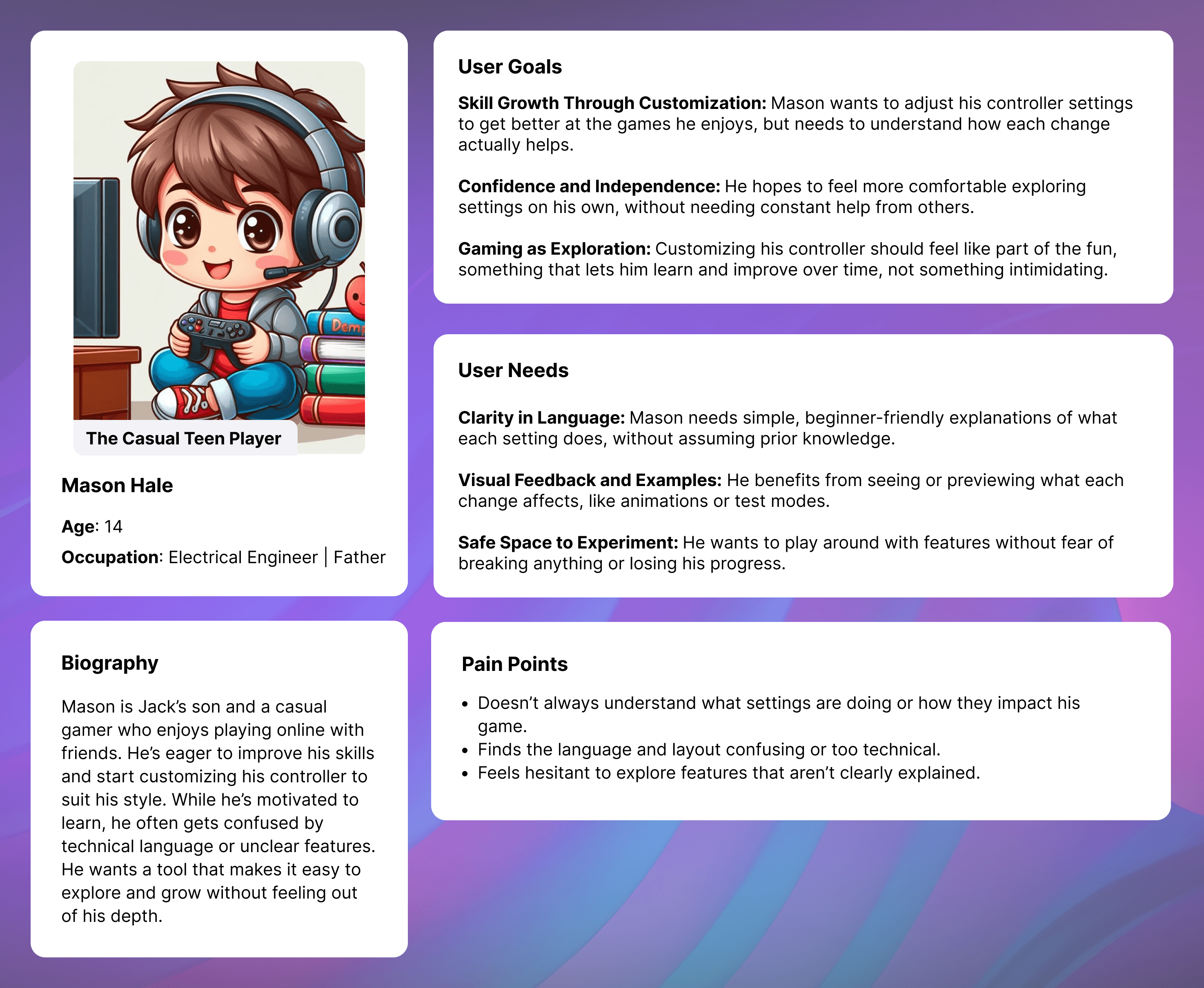 User persona: Mason Hale, casual teen player. Goals, needs, and pain points for controller customization.