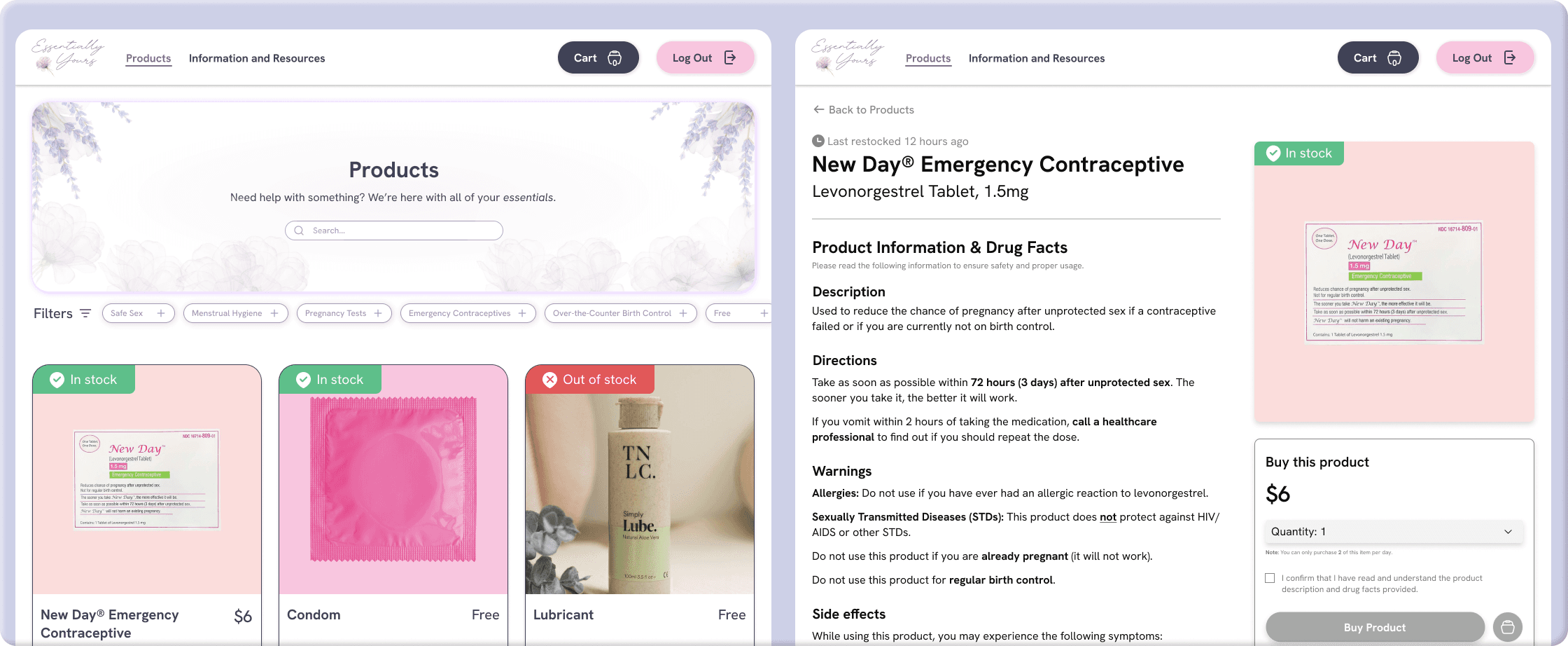 Essentially Yours kiosk app: product browsing screen and emergency contraceptive product detail screen