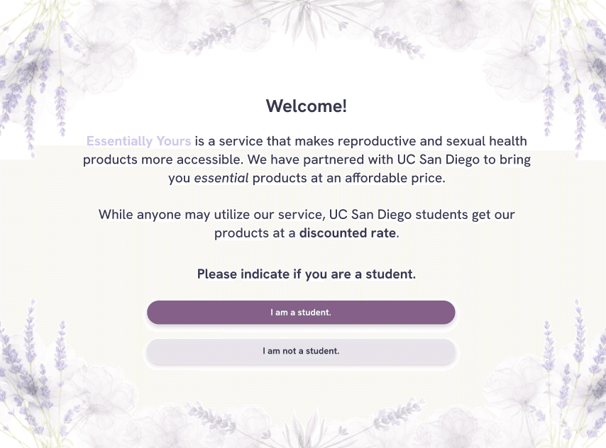Kiosk welcome screen asking users to indicate whether they are a UC San Diego student